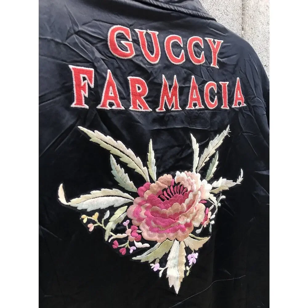 GUCCI Guccy Farmacia Embroidery Satin Biker Jacket Black Sz 44